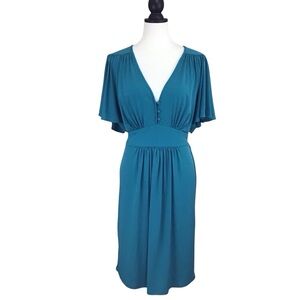 Max and Cleo Teal Retro V-Neck Midi Dress L